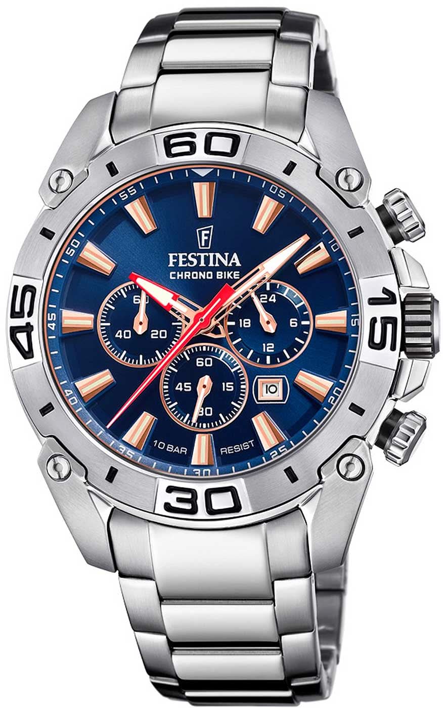 Montre chronographe pour homme avec cadran bleu, bracelet en acier inoxydable argenté et index luminescents.
