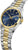 Montre bicolore pour homme avec cadran bleu, bracelet en métal et boîtier rond