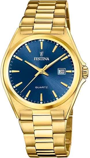 Montre Festina pour homme avec cadran bleu et bracelet en acier inoxydable doré, affichage analogique