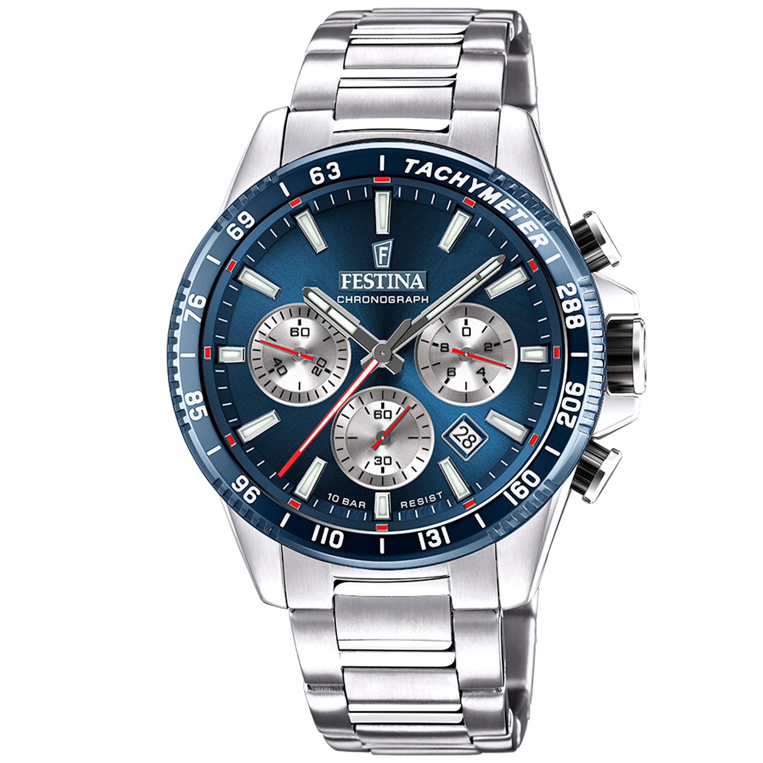 Festina Chronographen-Uhr mit blauem Zifferblatt und Edelstahlarmband, silber, Quarz