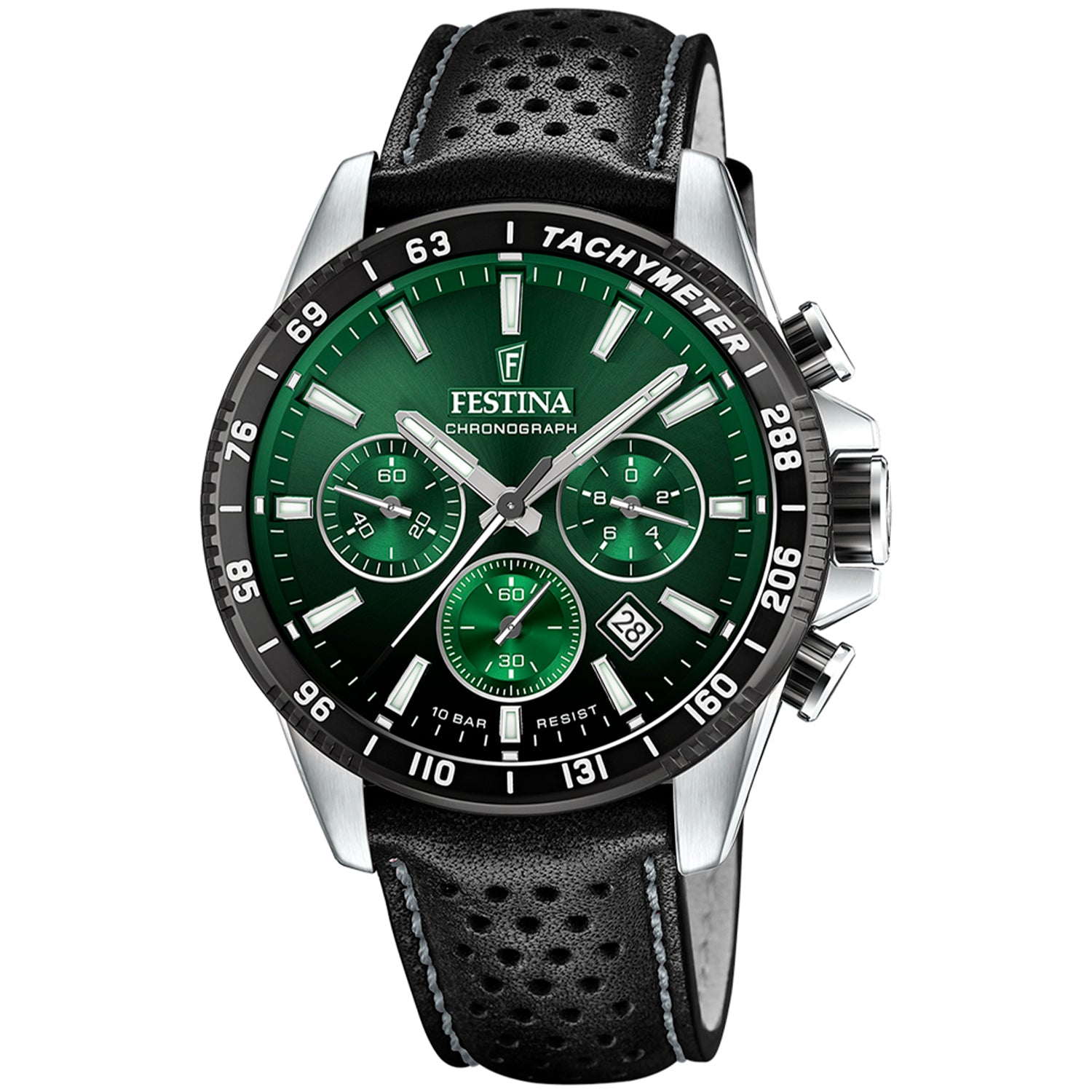 Festina Herren-Chronograph mit schwarzem Lederarmband und grünem Tachymeter-Zifferblatt