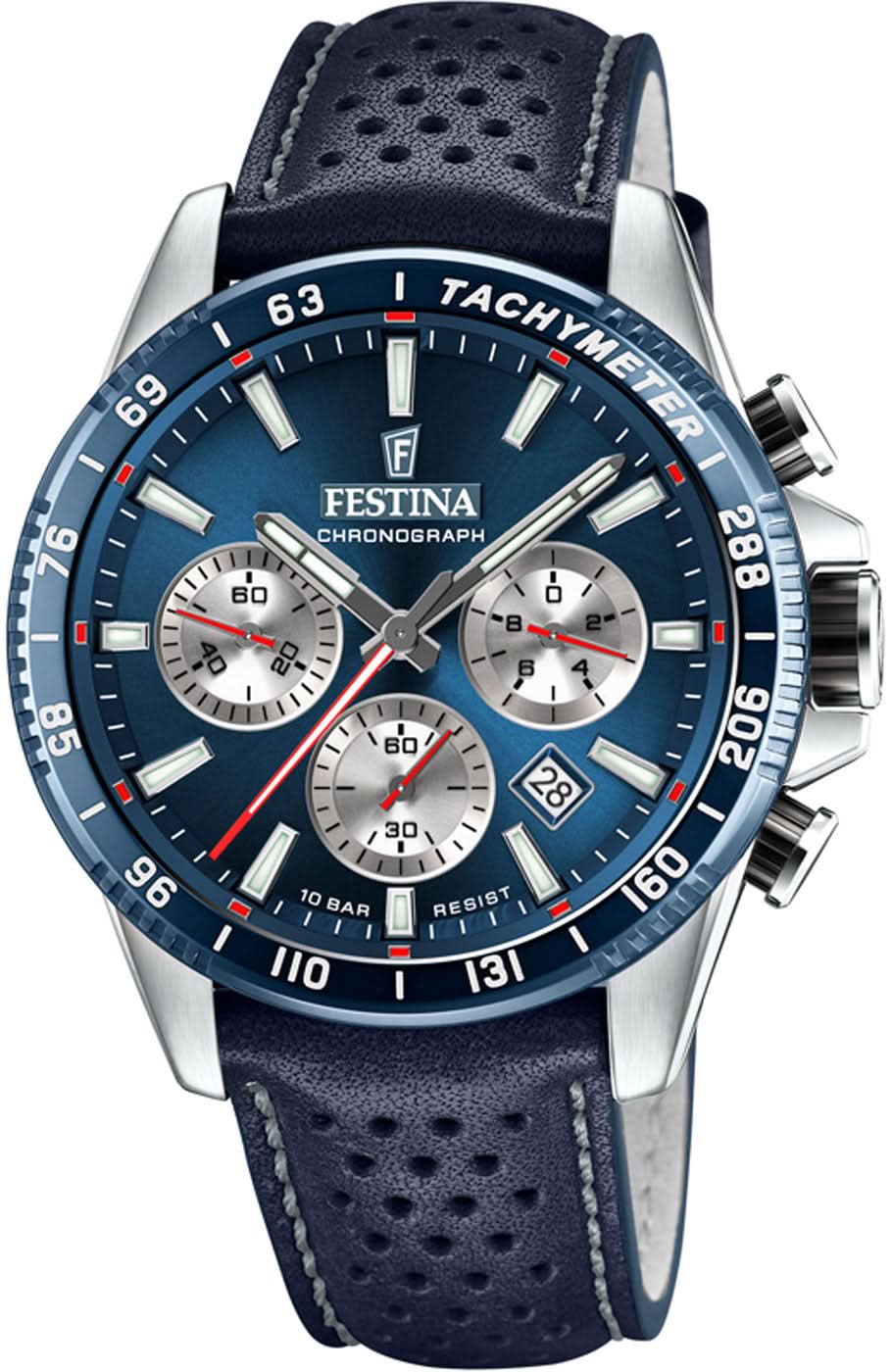 Montre chronographe pour homme : cadran bleu, bracelet en cuir, trois sous-cadrans