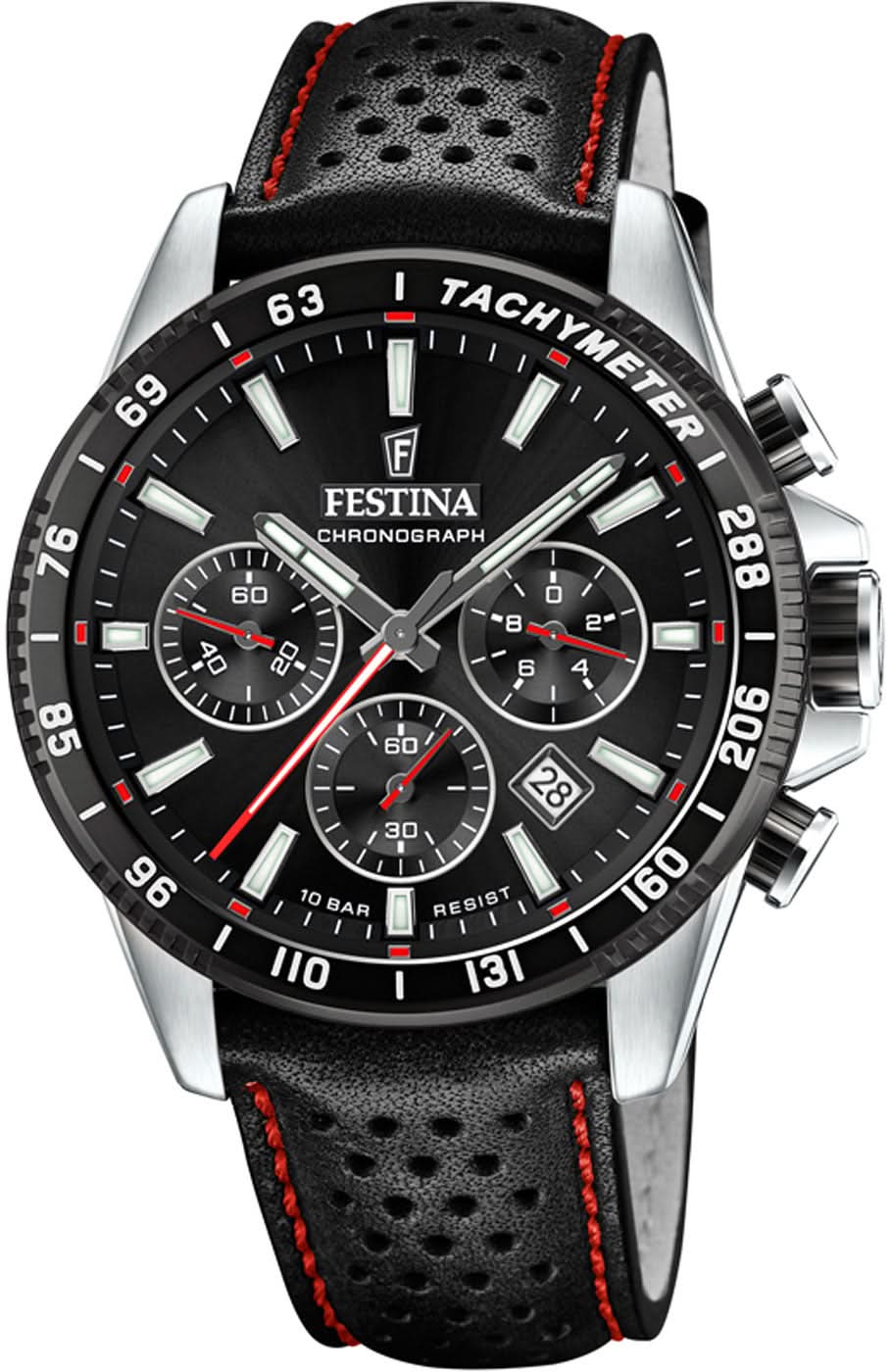Montre chronographe sportive avec cadran noir, bracelet en cuir noir et accents rouges