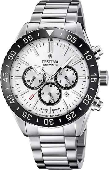 Montre chronographe pour homme avec lunette en céramique, bracelet en acier inoxydable, cadran noir