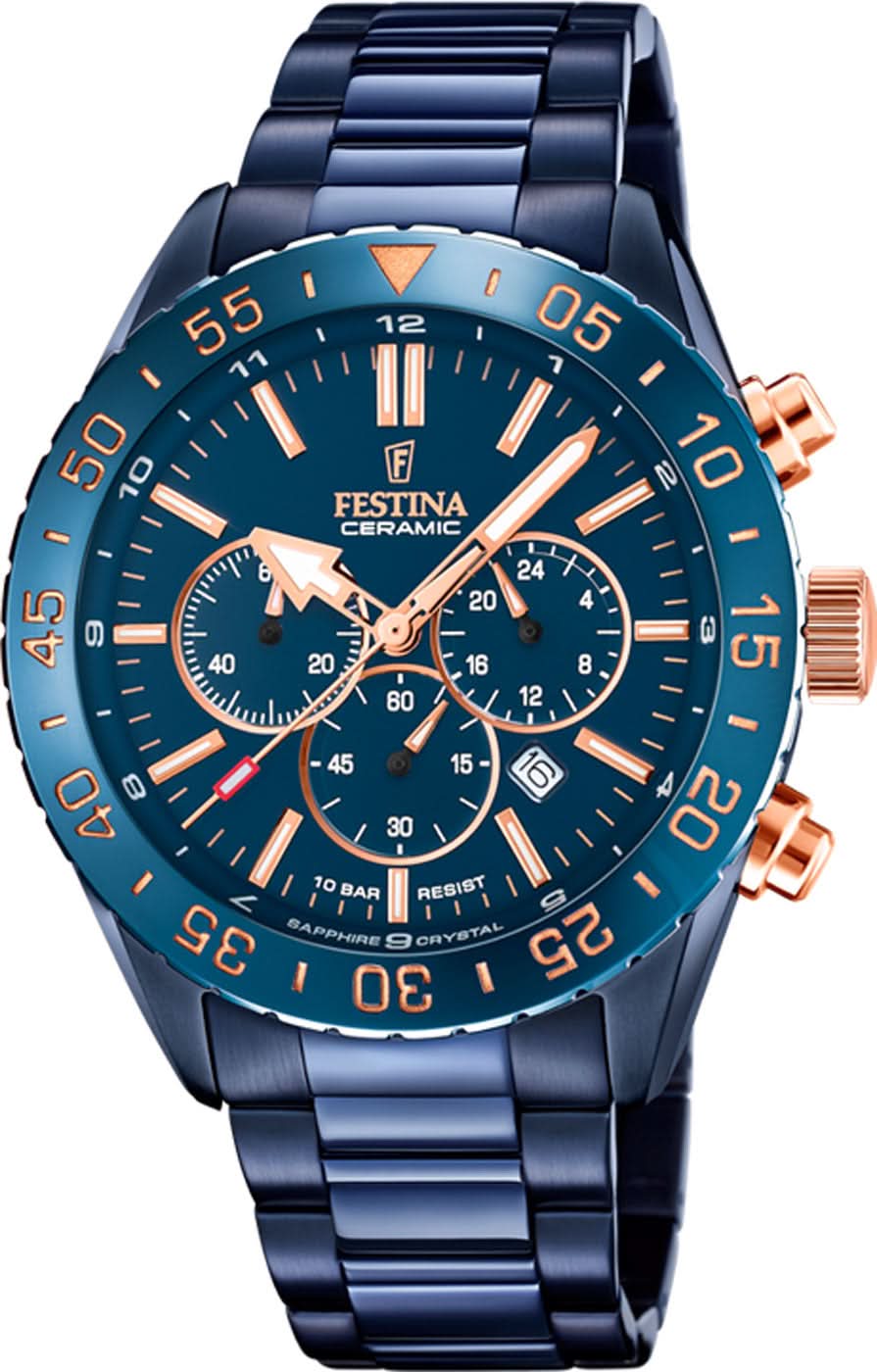 Montre homme avec bracelet en céramique bleue et cadran chronographe bleu