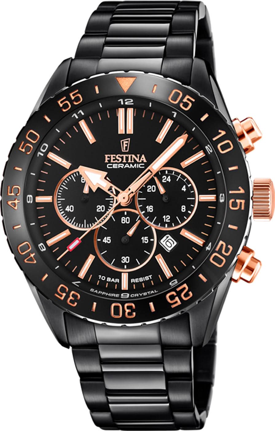 Montre pour homme en céramique avec bracelet en céramique noire et cadran chronographe