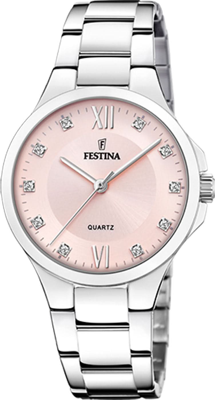 Montre pour femme avec cadran rose, chiffres romains et bracelet en acier inoxydable