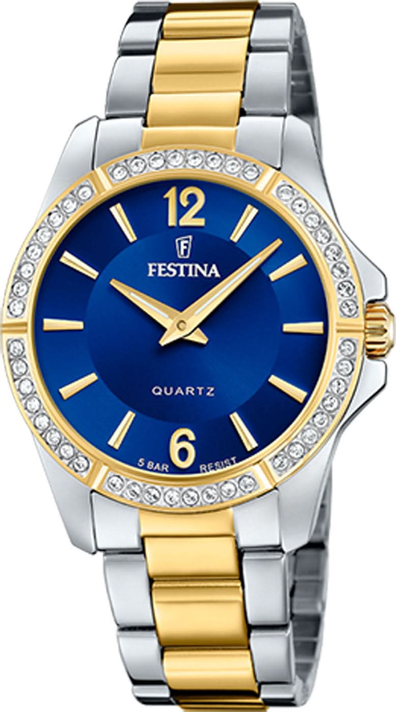 Montre élégante pour femme avec cadran bleu, bracelet en métal doré-argenté et lunette ornée