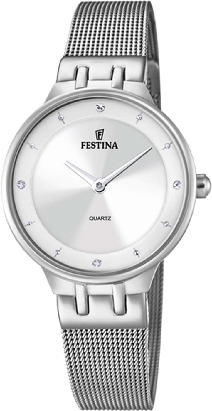 Montre pour femme avec cadran blanc et bracelet en maille d'acier inoxydable, boîtier rond