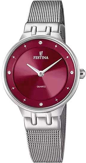 Montre femme avec bracelet métallique argenté et cadran bordeaux, Festina, index ronds
