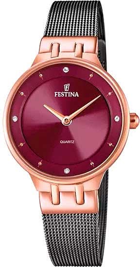 Montre pour femme avec bracelet en maille noire et lunette or rose, cadran bordeaux