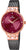 Montre pour femme avec bracelet en maille noire et lunette or rose, cadran bordeaux