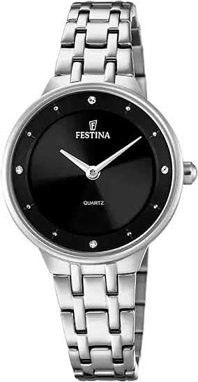 Montre pour femme avec bracelet en acier inoxydable, cadran noir et index argentés, quartz