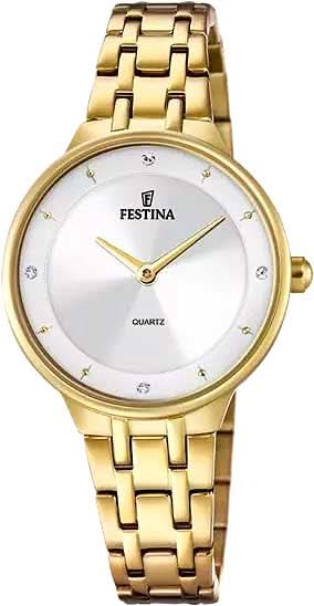 Montre pour femme avec bracelet en acier inoxydable doré et cadran blanc, quartz.