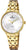 Montre pour femme avec bracelet en acier inoxydable doré et cadran blanc, quartz.
