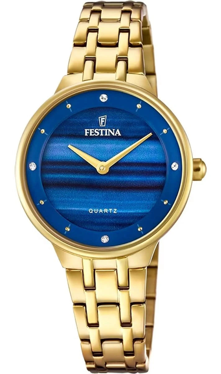 Montre Festina pour femme avec bracelet milanais doré et cadran bleu, quartz