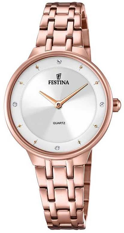 Montre pour femme avec bracelet en acier inoxydable couleur or rose et cadran blanc, quartz, 3 aiguilles