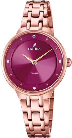 Montre pour femme avec cadran violet, bracelet en acier inoxydable couleur or rose et aiguilles dorées