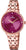 Montre pour femme avec cadran violet, bracelet en acier inoxydable couleur or rose et aiguilles dorées