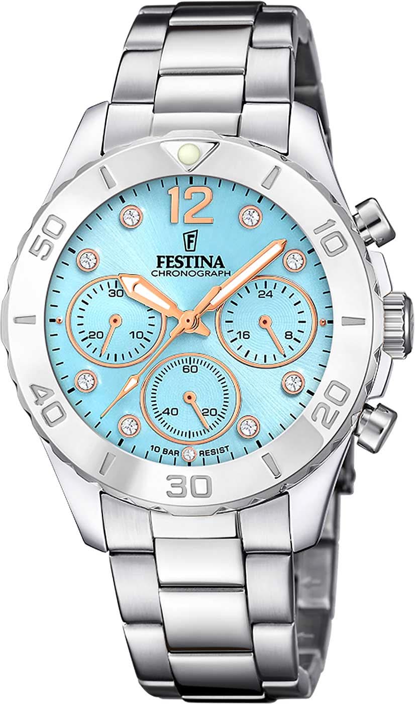 Montre pour femme Festina avec bracelet en acier inoxydable et cadran bleu, affichage chronographe