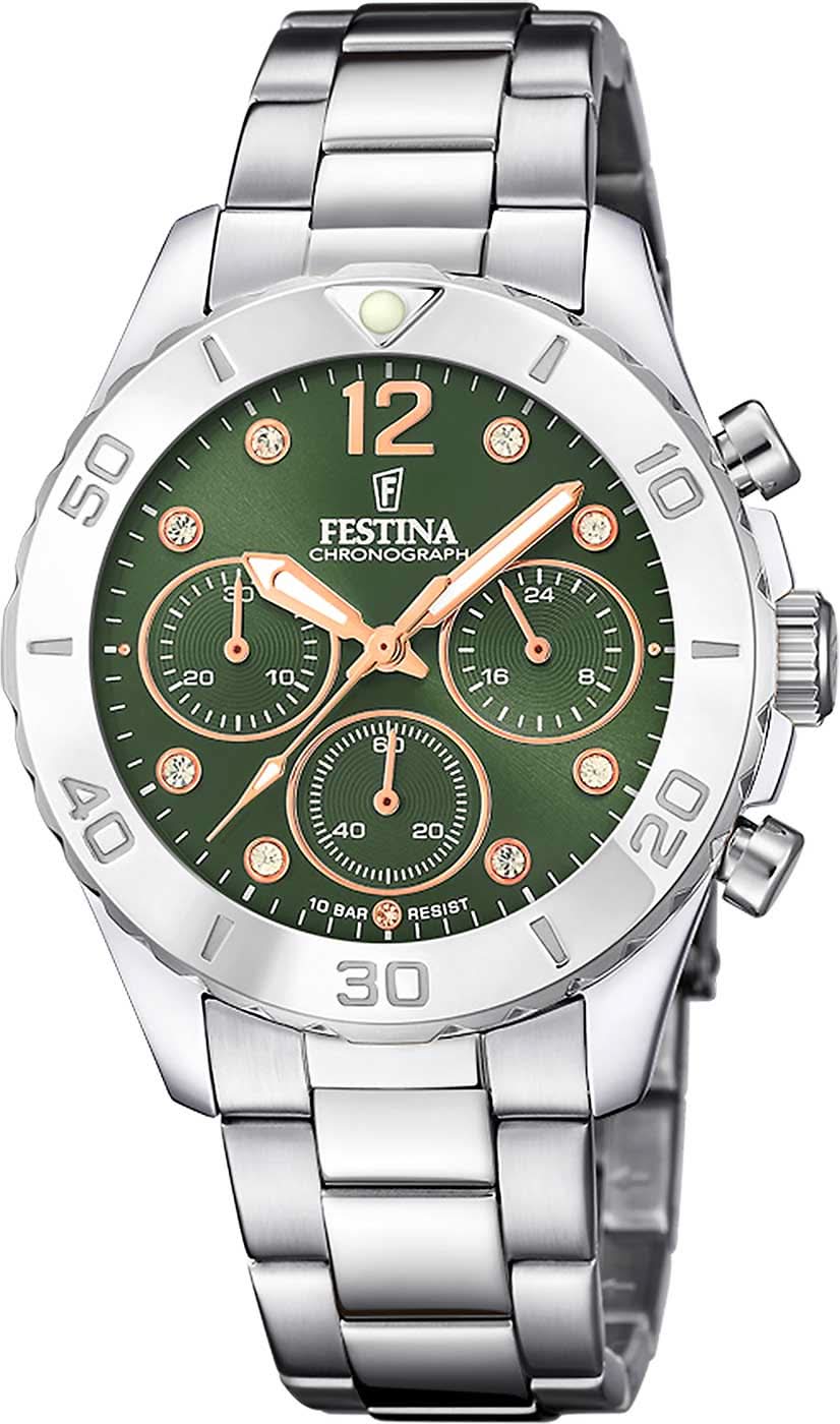 Montre Festina pour femme avec cadran vert, bracelet en acier inoxydable et détails chronographe