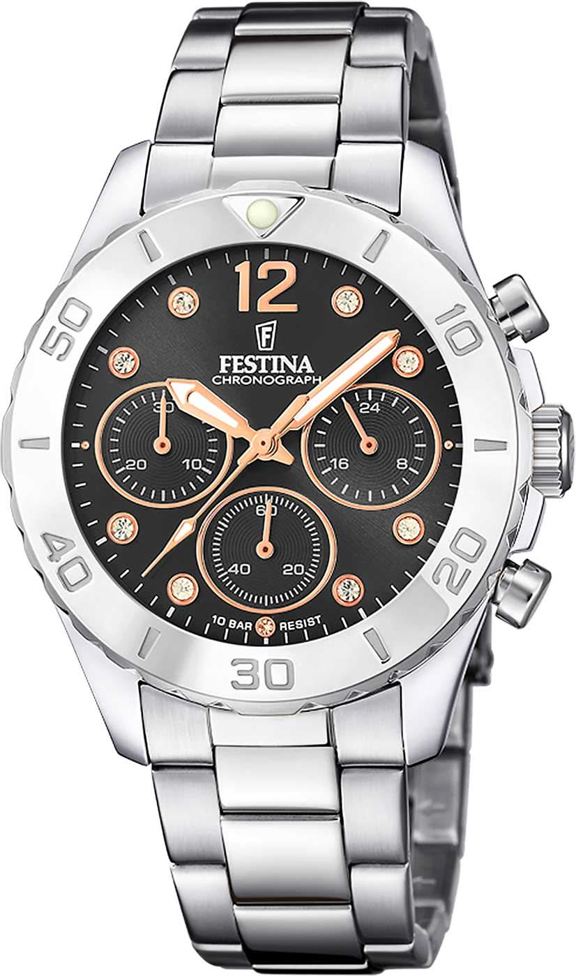 Montre pour femme avec bracelet en acier inoxydable, cadran chronographe noir
