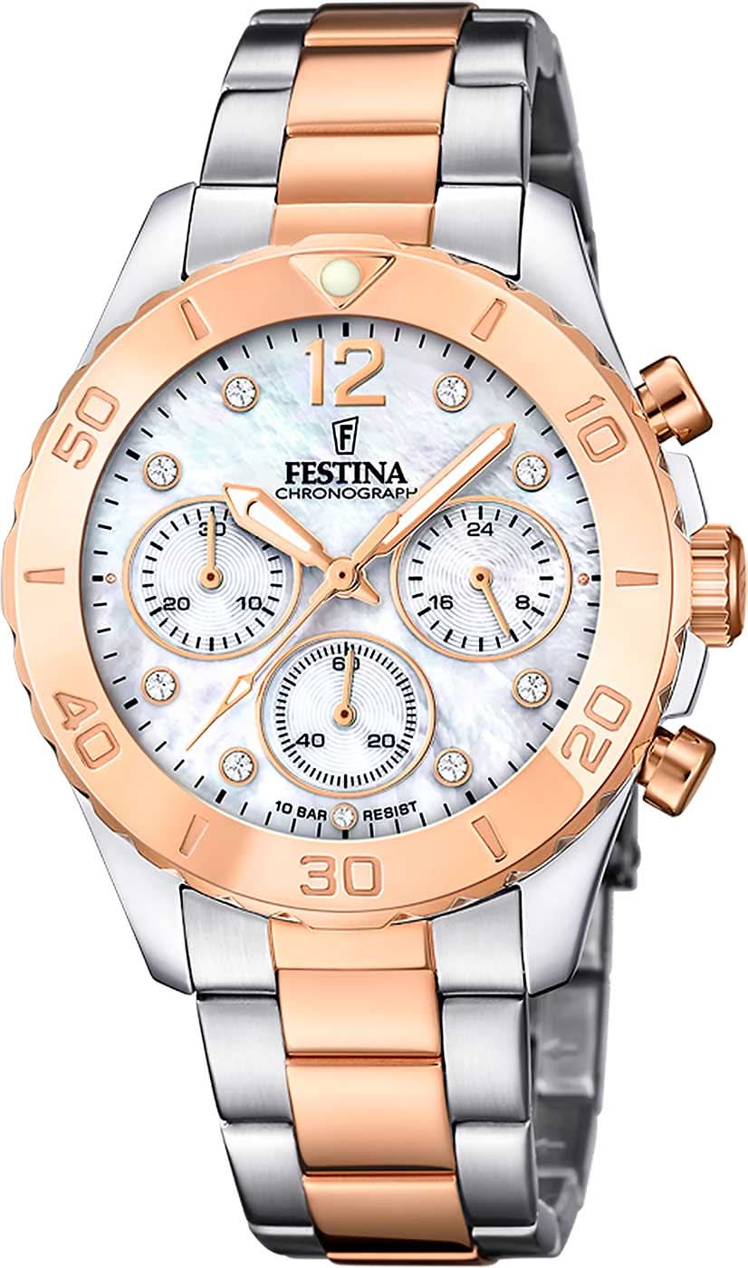 Montre pour femme avec bracelet bicolore en acier inoxydable (argent/or rose) et cadran rond chronographe