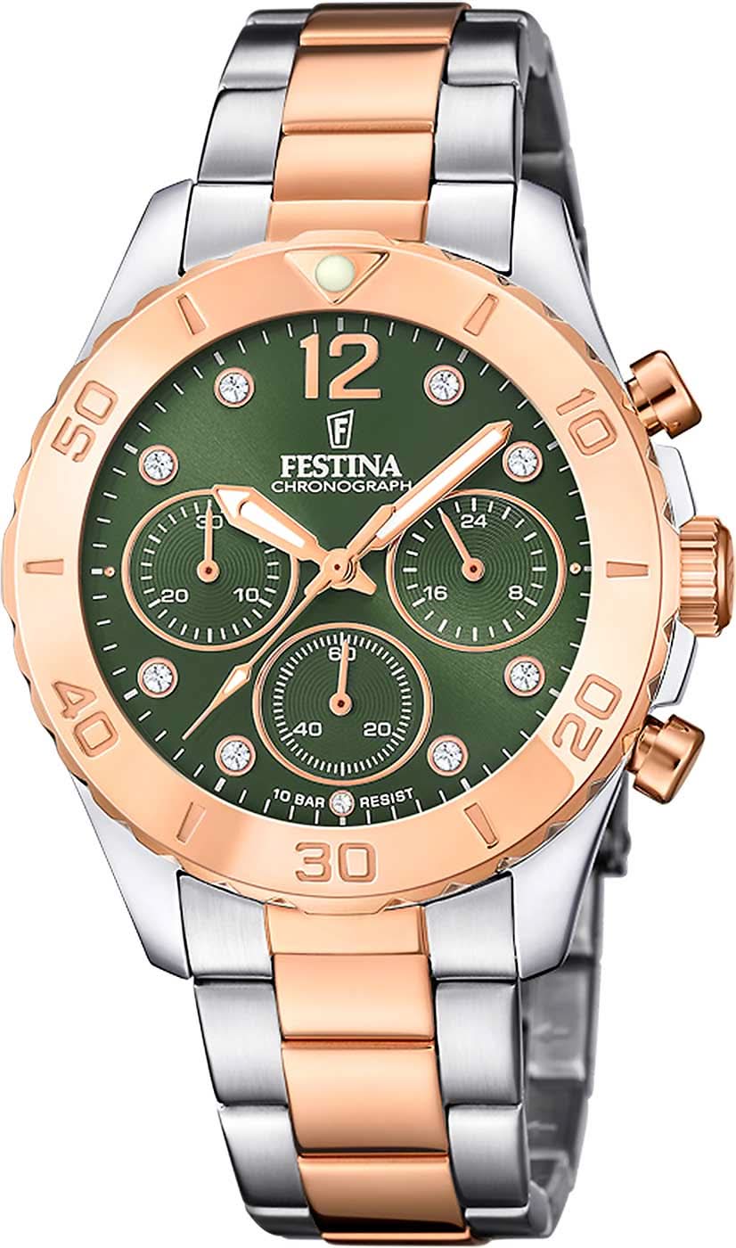 Montre pour femme avec cadran vert, chronographe, bracelet bicolore en métal (acier/or rose)