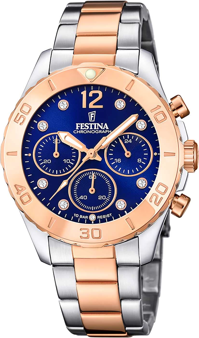 Montre pour femme avec chronographe, cadran bleu et bracelet bicolore en acier argenté et or rose