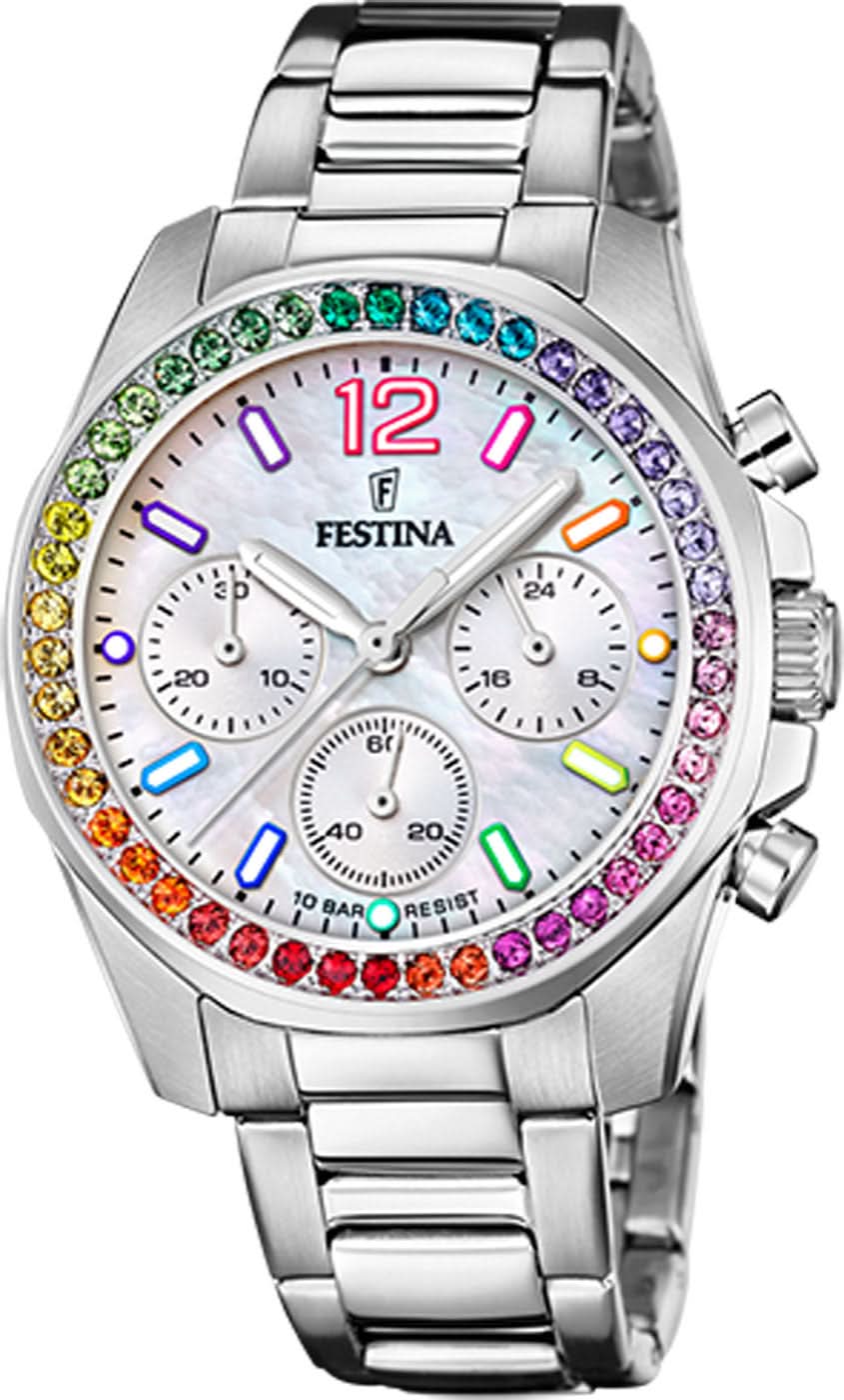 Montre pour femme avec chronographe, bracelet en acier inoxydable et cristaux arc-en-ciel sur la lunette