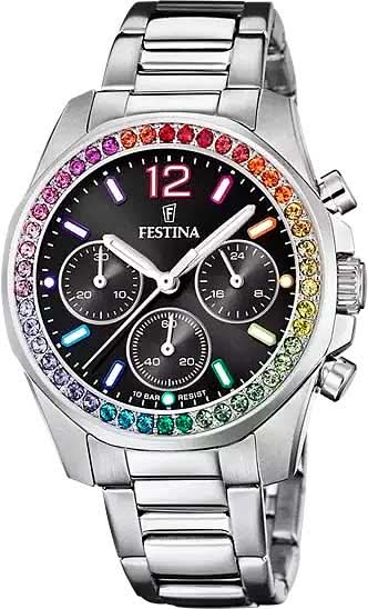Montre pour femme avec cadran noir, lunette arc-en-ciel et bracelet en acier inoxydable