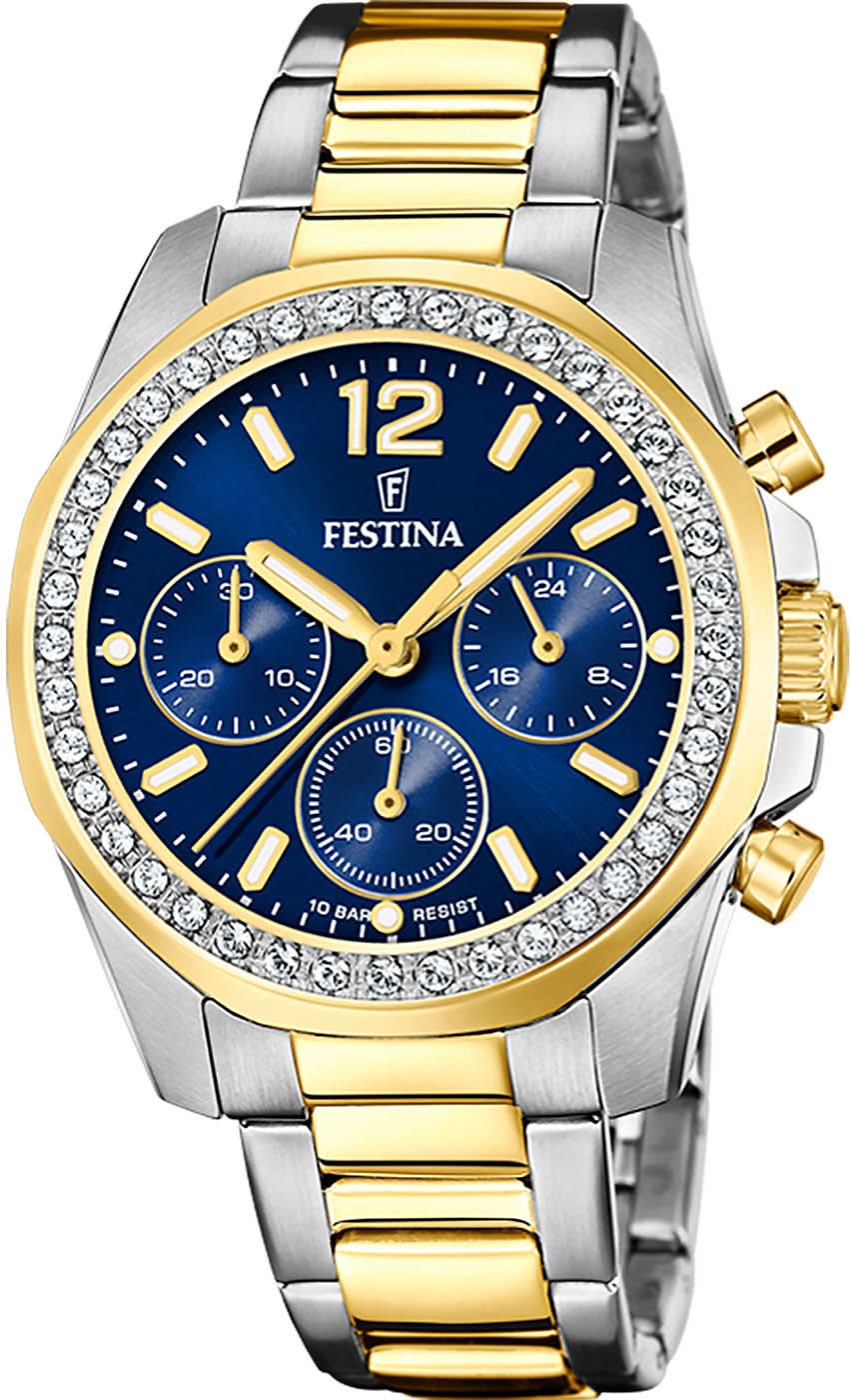 Chronographe pour femme en acier inoxydable bicolore avec cadran bleu et lunette en strass