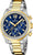 Chronographe pour femme en acier inoxydable bicolore avec cadran bleu et lunette en strass