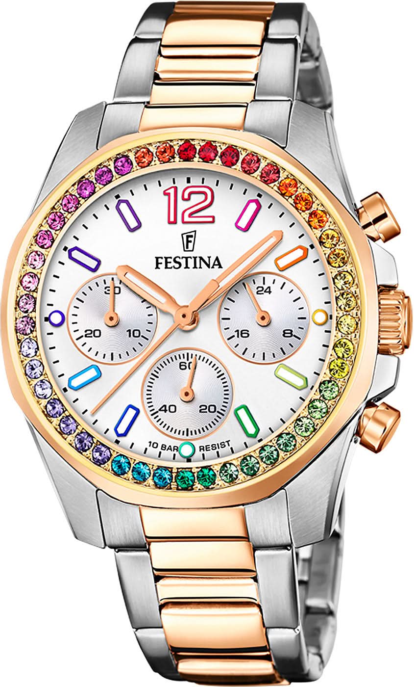 Montre Festina pour femme avec bracelet bicolore en acier inoxydable, lunette et cadran en zircone arc-en-ciel