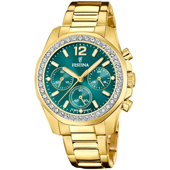 Damenuhr mit goldfarbenem Edelstahlband, dunkelgrünem Zifferblatt, Chronograph und Zirkonia-Lünette