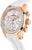 Montre pour femme avec bracelet en silicone blanc, boîtier couleur or rose ; poussoirs latéraux, lunette en zircone cubique