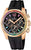 Montre chronographe pour femme avec lunette couleur or rose et cadran noir, bracelet en caoutchouc noir