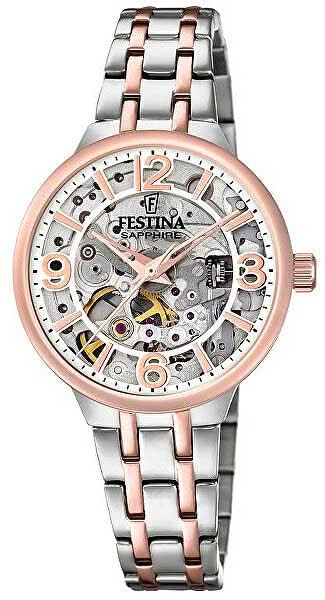 Montre pour femme avec bracelet en métal argenté et or rose, cadran squelette, verre saphir