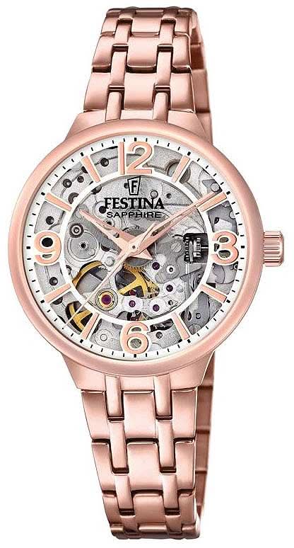 Montre squelette Festina pour homme avec verre saphir, bracelet en métal couleur or rose et cadran ouvert