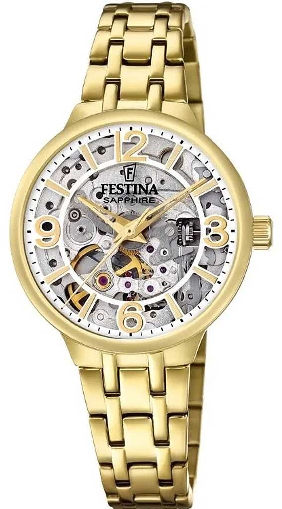 Montre pour femme avec bracelet en métal doré et cadran squelette, automatique, verre saphir