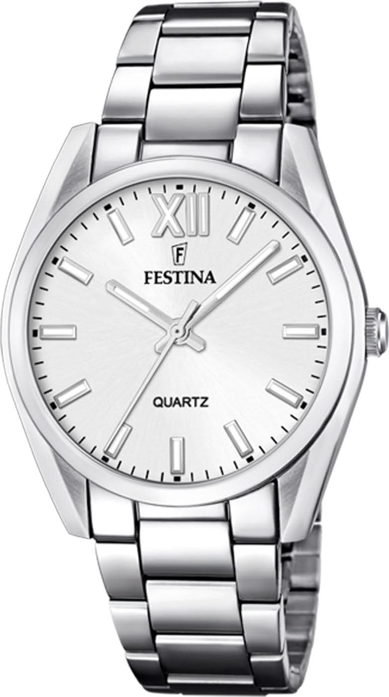 Montre Festina pour femme en acier inoxydable avec cadran argenté, chiffres romains et index