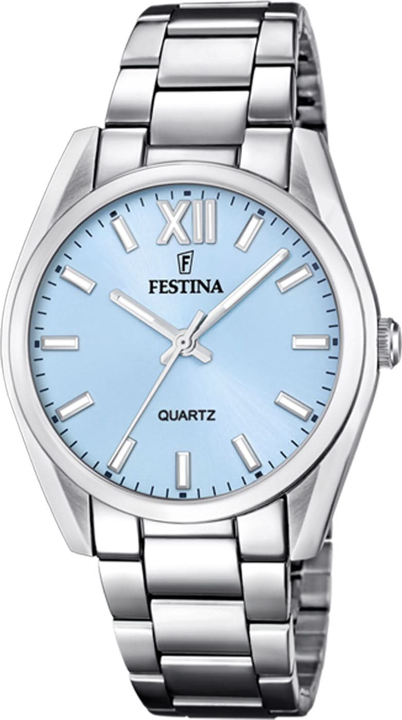 Montre Festina pour femme avec cadran bleu et bracelet en acier inoxydable, chiffres romains, mouvement à quartz