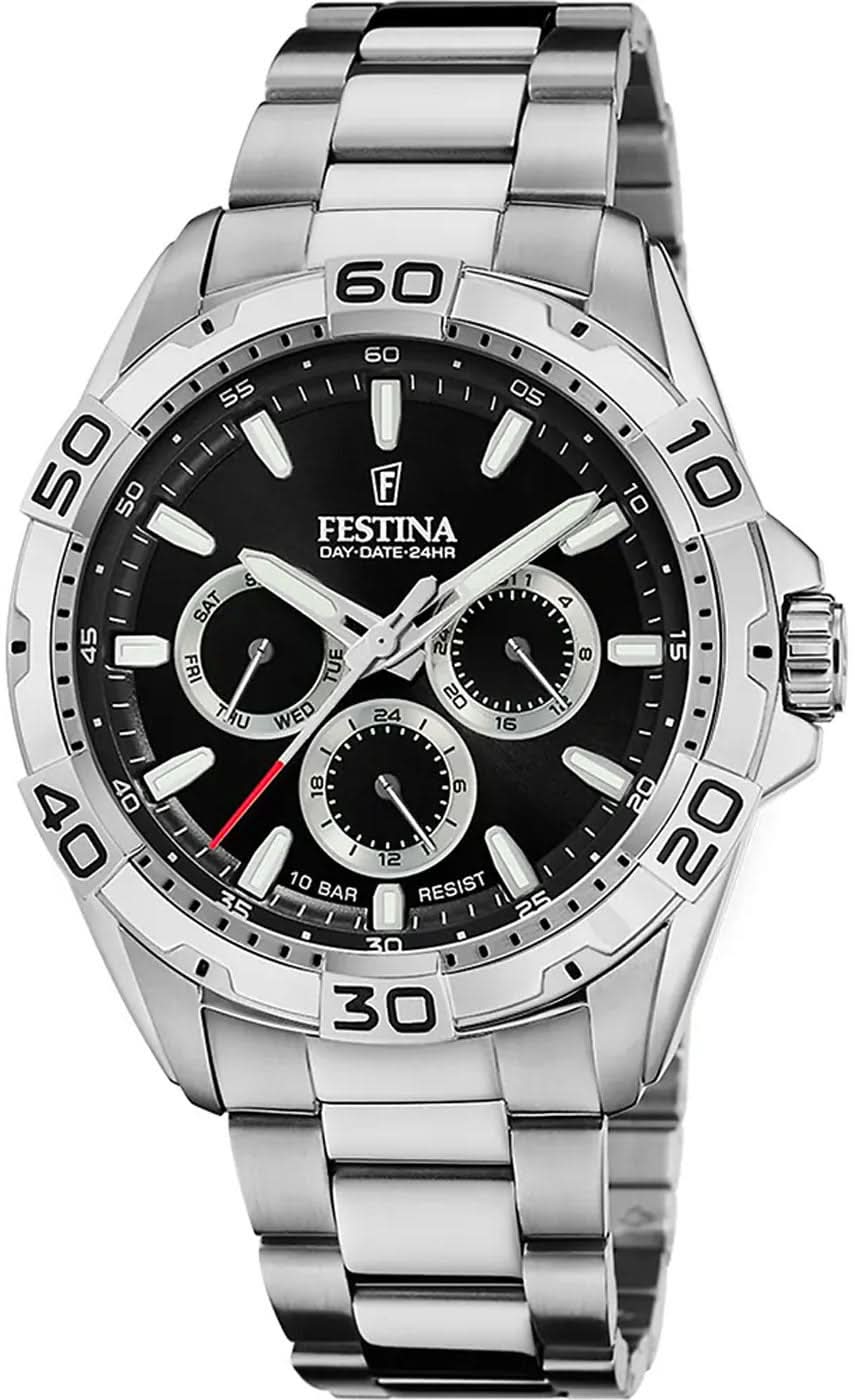 Bracelet de montre pour homme en argent avec cadran noir, sous-cadrans chronographes