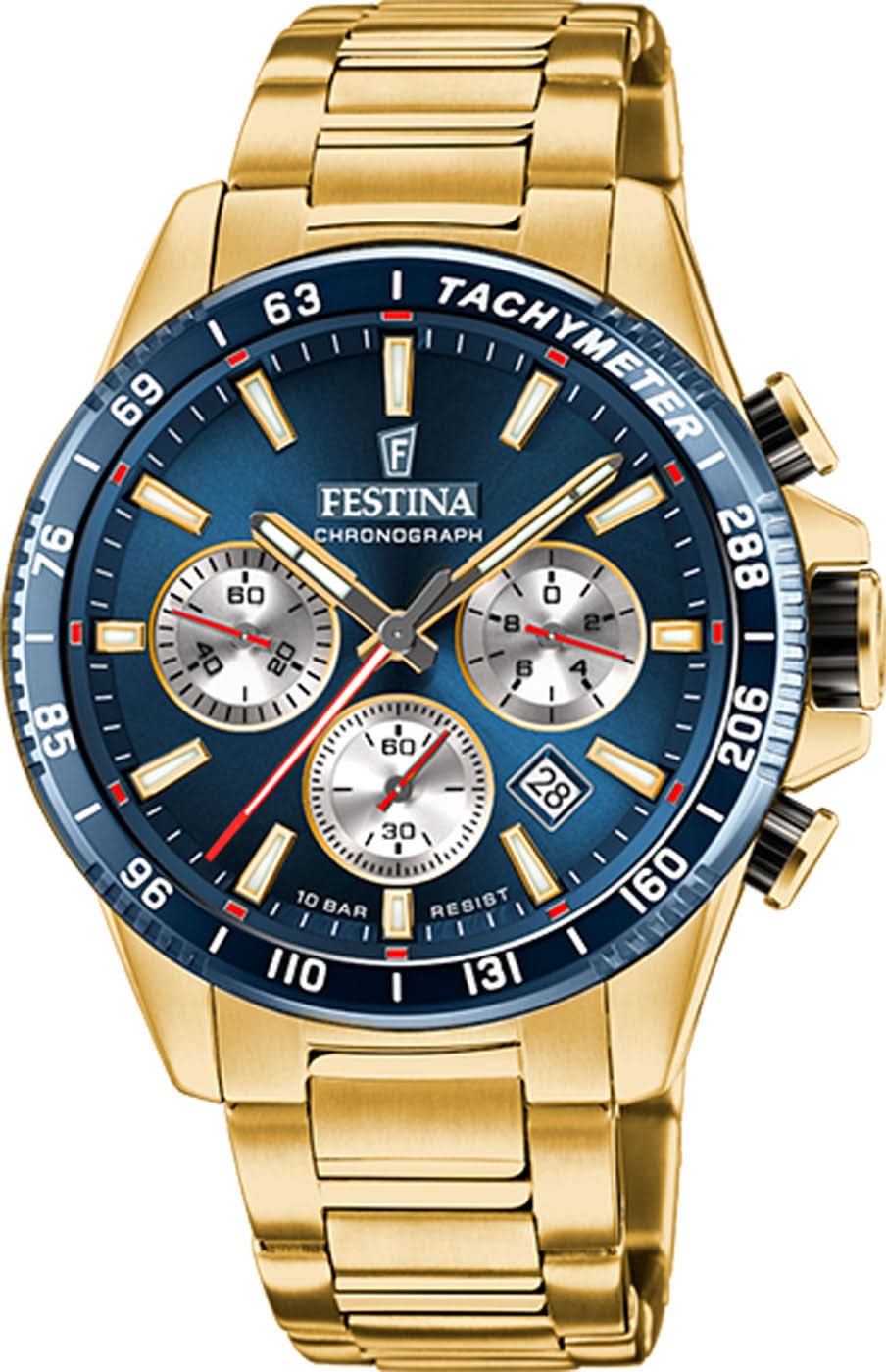 Montre Festina pour homme avec bracelet en métal doré, cadran chronographe bleu
