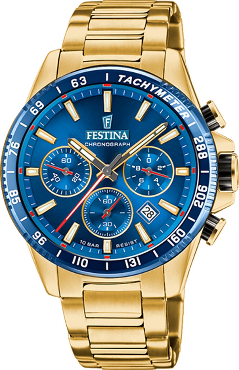 Montre chronographe Festina avec cadran bleu et bracelet doré