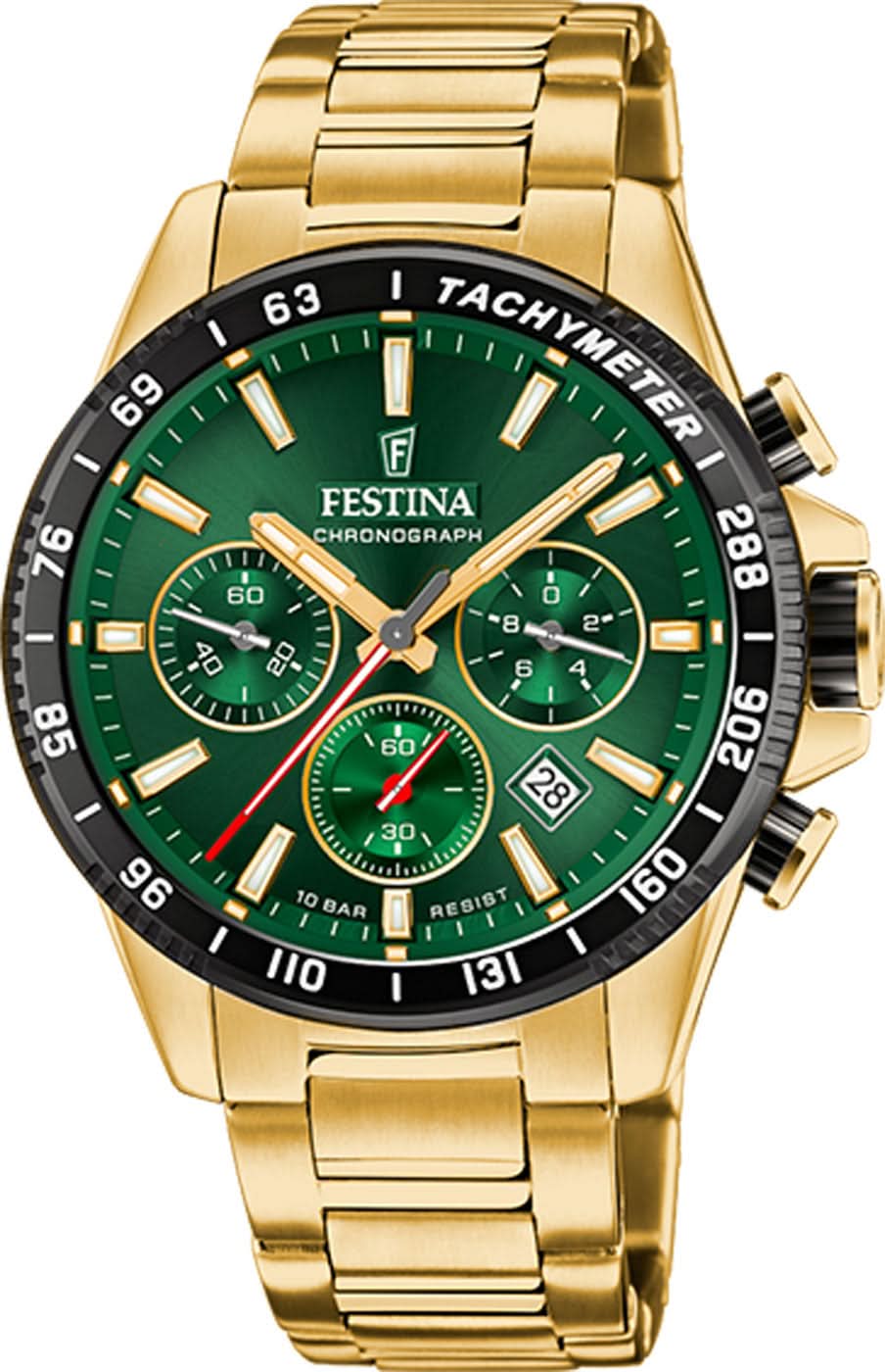 Chronographe pour homme avec cadran vert et bracelet doré