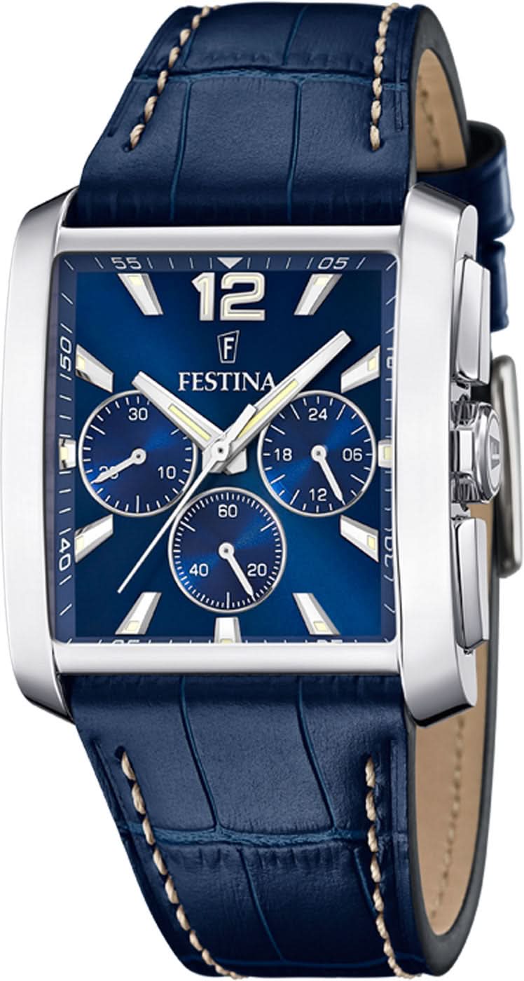 Montre Festina pour homme avec boîtier carré en acier inoxydable, cadran bleu et bracelet en cuir