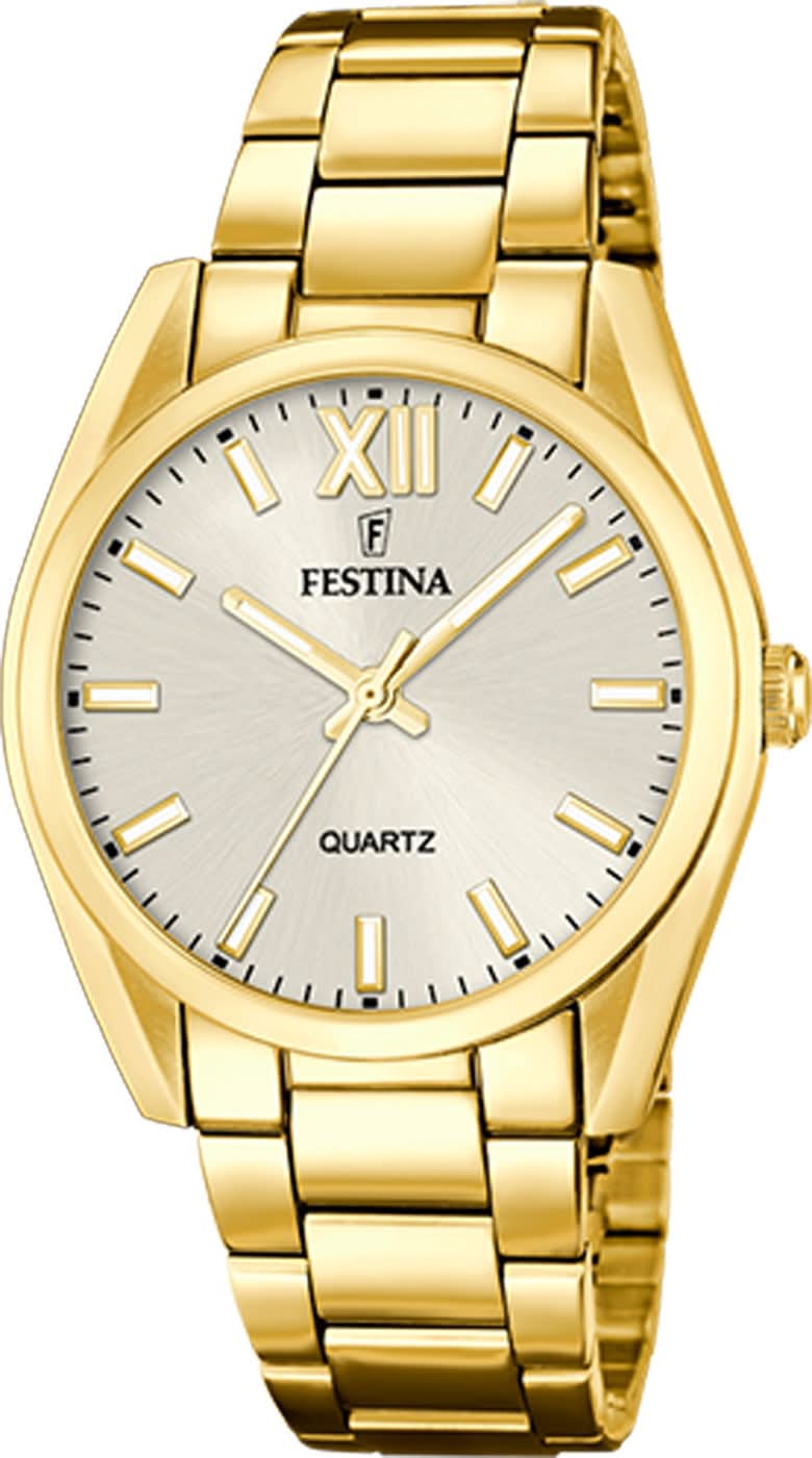 Montre pour femme dorée avec bracelet en acier inoxydable et cadran blanc, chiffres romains