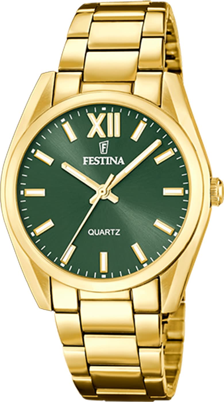 Montre pour femme avec cadran vert, bracelet en acier inoxydable doré et chiffres romains