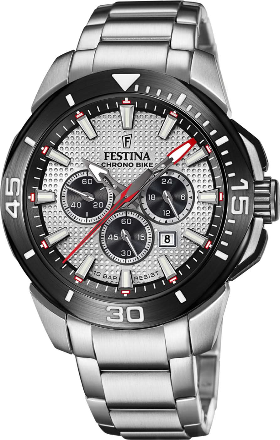 Montre chronographe Festina pour homme avec bracelet en acier inoxydable argenté et cadran noir